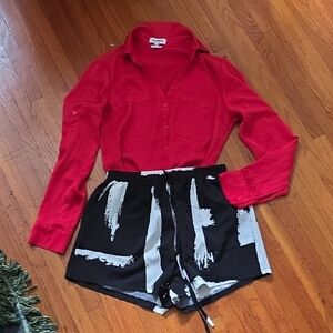 Express Red Button-Up Shirt with Black & White Brushstroke Shorts Outfit Bundle